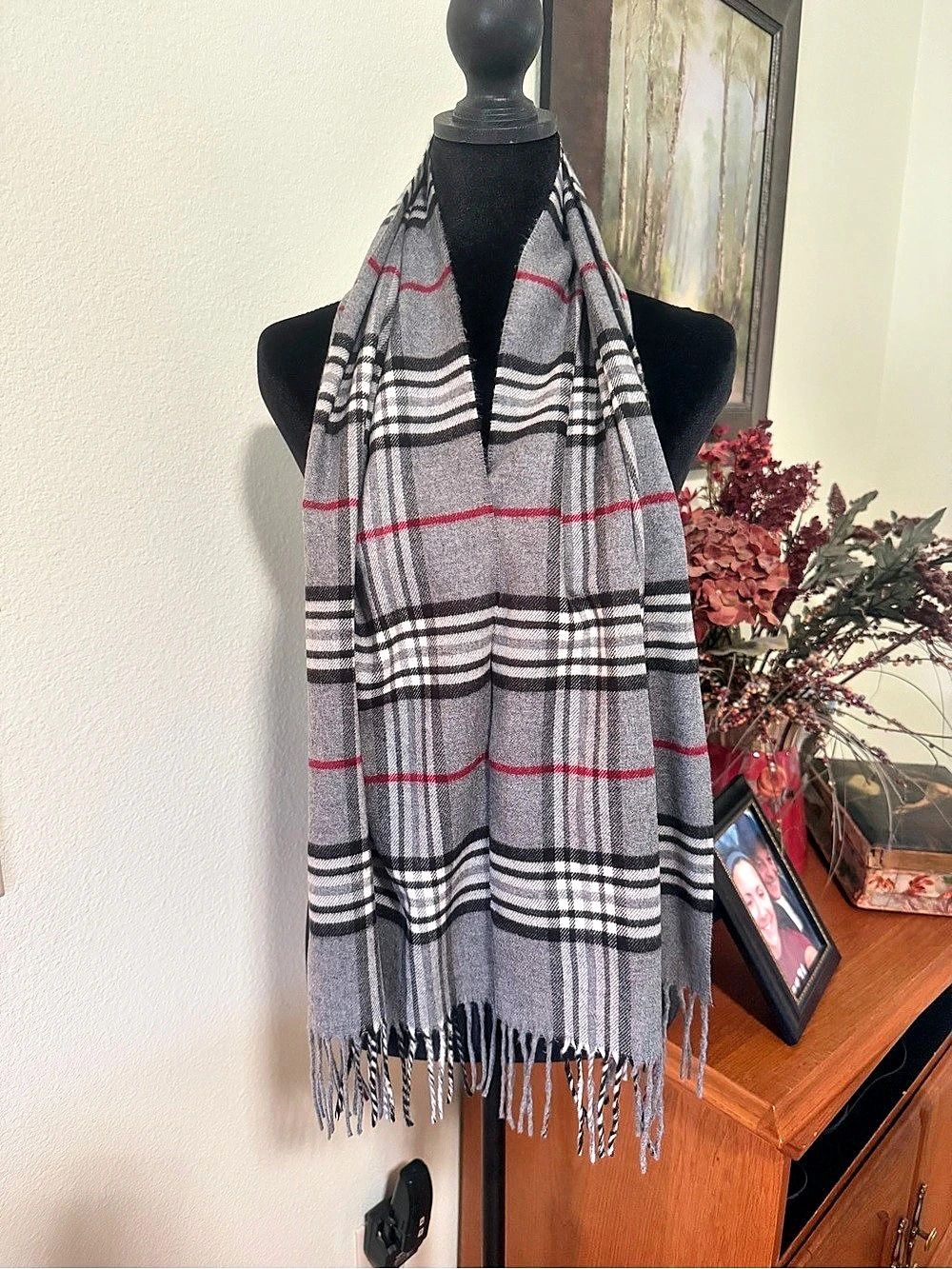 V.FRAAS Plaid Fringe Scarf in Gray & Black Like New